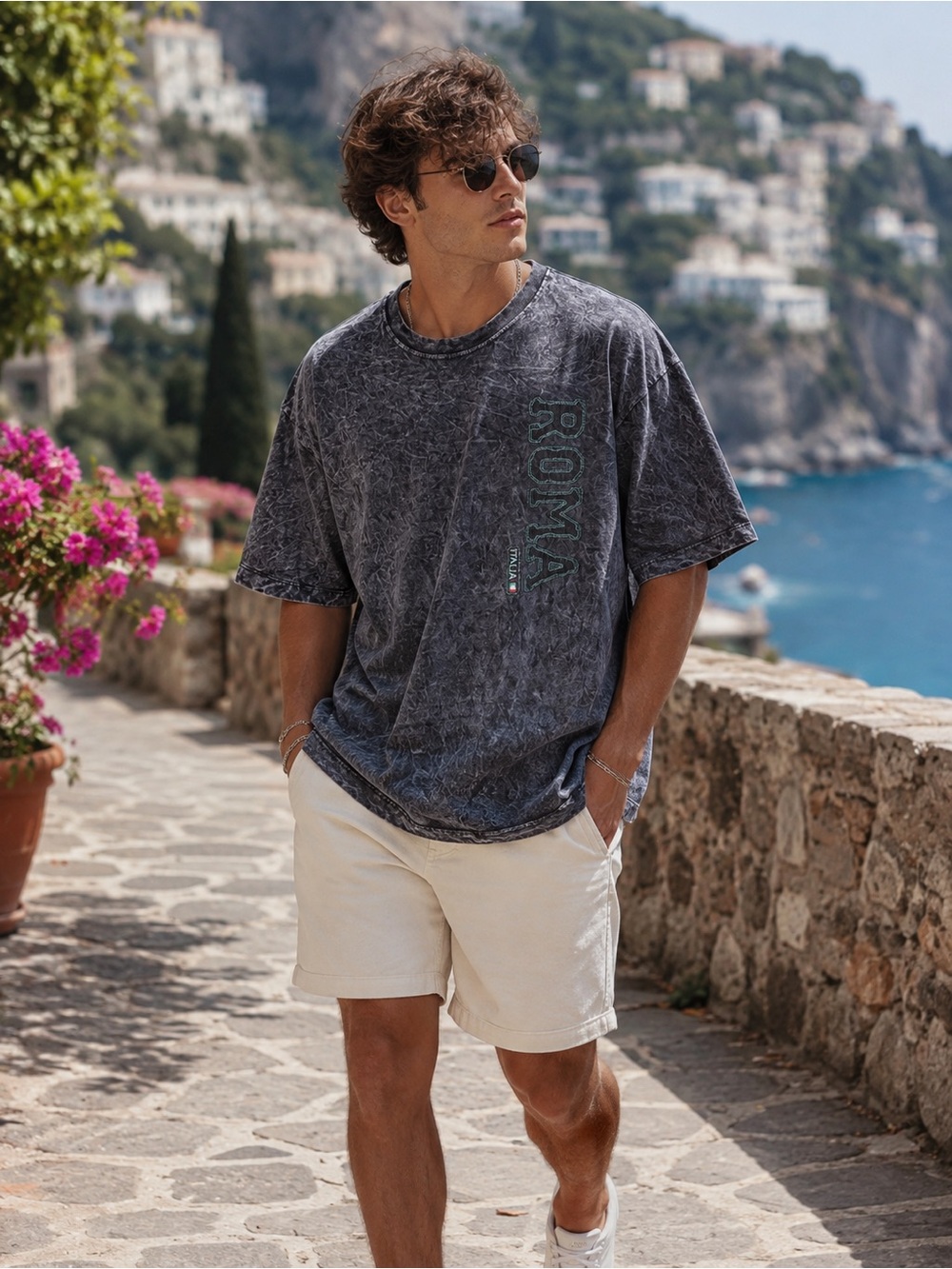 Roma Washed Black Graphic Tee with Vertical Logo